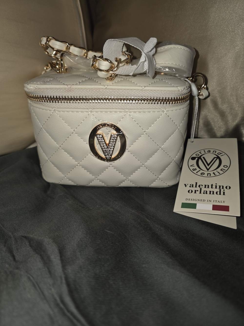 Valentino Orlandi Cream Quilted Crossbody Vanity Bag with Gold Hardware